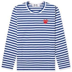 コム・デ・ギャルソン レディース Tシャツ トップス Comme des Garcons Play Women's Long Sleeve Heart Logo Stripe Blue & White