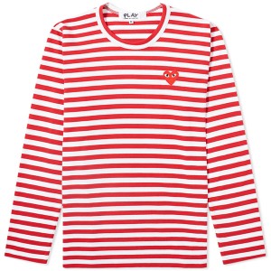 コム・デ・ギャルソン レディース Tシャツ トップス Comme des Garcons Play Women's Long Sleeve Heart Logo Stripe Red & White
