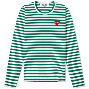 コム・デ・ギャルソン レディース Tシャツ トップス Comme des Garcons Play Women's Long Sleeve Heart Logo Stripe Green & White