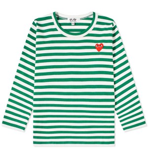 コム・デ・ギャルソン メンズ Tシャツ トップス Comme des Garcons Play Kids Long Sleeve Stripe T-Shirt Green & White