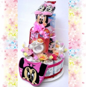 出産祝い オムツケーキ ３段おむつケーキ ディズニー３R 女の子用ミニー 華やかな見栄えの豪華版 ダイバーケーキ
