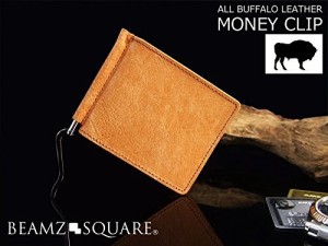 BEAMZSQUARE オールバッファローレザー高級マネークリップ メンズ本革ブランド二つ折り短財布 キャメル