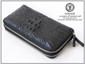 ゴダン GODANE 本革クロコダイル黒 ダブルラウンドファスナー 高品質メンズ長財布 ブラックロングウォレット