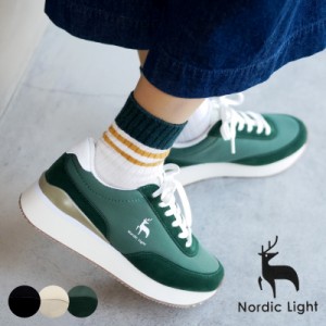 Nordic Light ノルディックライト ミドルカットスニーカー レディース 靴 厚底 チャンキー フラット シカ レースアップ 黒 ベージュ グリ