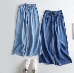 ワイドパンツ ワイドレッグパンツ ダークブルー コットン デニム ライトブルー 大きなサイズ 薄い 春と夏 リラックス パンツ