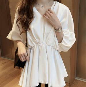 カットソー シャツ シフォン Vネック 7分袖 ボリューム袖 無地 体型カバー ウエストゴム 大人可愛い きれいめ 通勤 女子会 レディース
