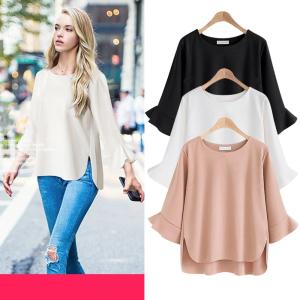 Tシャツ ラウンドネック 9分袖 ベルスリーブ 無地 大きいサイズ M-5XL アシンメトリー スリット 大人可愛い きれいめ フェミニン レディ