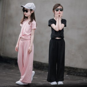 キッズ セットアップ ダンス衣装 ヒップホップ 韓国 子供服 女の子 セットアップ 半袖トップス ワイドパンツ 春夏 新作