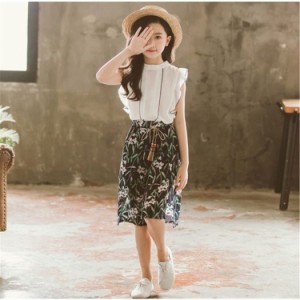 韓国子供服 セットアップ 夏 女の子 キッズ  シフォン トップス ノースリーブ ボトムス ガウチョパンツ 花柄 可愛い おしゃれ 通学着 