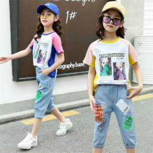 子供服 女の子 セットアップ 半袖 七分丈パンツ 2点セット キッズ服 カジュアル 普段着 可愛い 韓国風 ファッション 通学 お出かけ 夏新