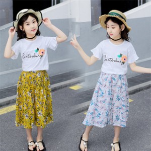 子供服 女の子 おしゃれ セットアップ 女の子 春夏 半袖トップス  tシャツ ガウチョパンツ 花柄  可愛い 薄手  夏新作