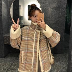 秋冬新作!格子オーバー 子羊の毛 レディース ファーコート ゆるい アウター ジャケット ブルゾン ムートンコート 暖かい(8093