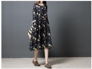 ワンピース コットン 綿 レディース ロングワンピース 体型カバー 花柄ワンピース ゆったり 長袖 秋 大人 着痩せ 大きいサイズ