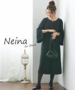 喪服 礼服 ワンピース レディース Neina 洗える防しわ 前開き キーネック デザイン 黒 S/M/L ニッセン nissen