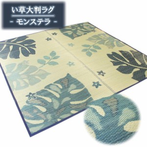 191x250cm(3畳用) ブルー色 い草大判ラグ「モンステラ -シユム- 」【裏貼加工】