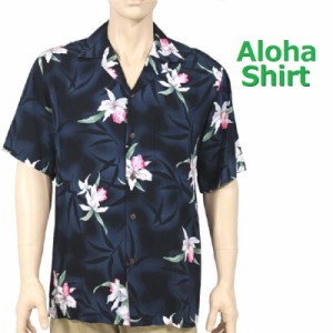 【 TWO PALMS 】　ハワイ発　メンズ アロハシャツ　ミッドナイトオーキッド　ブラック　レーヨン100％　MADE IN HAWAII