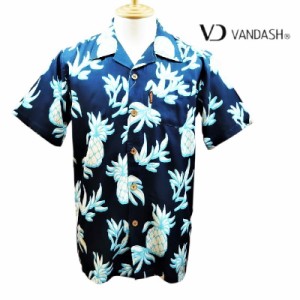 【VANDASH】　ネイビー　パイナップル柄　アロハシャツ　レーヨン　半袖　M,L,LL,3L,4L　PINEAPPLES