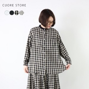 CUORE STORE クオレストア  シャツ ブラウス Wガーゼ バンドカラー ツートン バイカラー ゆったり 丈長め 前開き 羽織 長袖 5312815 レデ