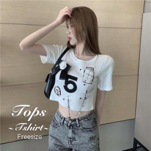 トップス Tシャツ へそ出し ハイウエスト ショート丈トップス 装飾 キラキラ アクセサリー セクシー 可愛い 半袖 お洒落 フリーサイズ