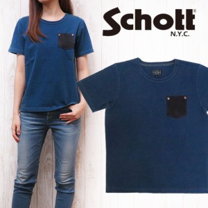 Schott ショット レディース インディゴ レザー ポケット Ｔシャツ 半袖 sch3273016