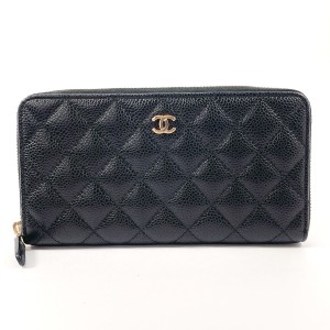 CHANEL シャネル 長財布 ココマーク ラウンドファスナー マットキャビアスキン ブラック レディース 中古