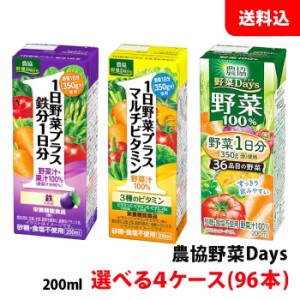 送料無料 雪印メグミルク 農協野菜Days200ml 選べる4ケース(96本) 鉄分１日分・マルチビタミン・野菜100％ 紙パック 野菜ジュース 野菜デ