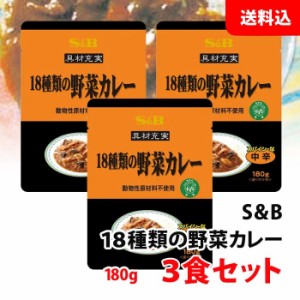 送料無料 メール便 S＆B 具材充実18種類 野菜カレー 3食セット (180g×3) SB エスビー レトルトカレー 動物性原材料不使用 ベジタブルカ