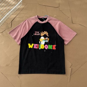  WE11DONEパッチワーク・カラーブロック・スリーブ半袖Tシャツ 