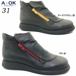 カジュアルシューズ レディース A-OK CASUAL&SPORTS 31 エーオーケー オブリークトゥ 指先ゆったり フラットソール サイドジッパー 疲れ