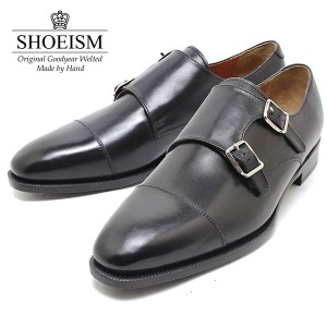 SHOEISM シューイズム 302 ダブルモンクストラップ レザーソール BLACK ビジネス ドレス 紐靴 革靴 メンズ