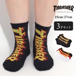 靴下3足 ソックスセット 3色 レッド ブラック スケーターブランド THRASHER スラッシャー  3足セット TH-SX215 ソックス 男 女 25cm 27cm