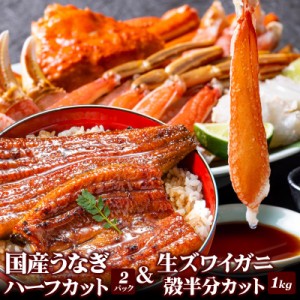 国産うなぎ蒲焼ハーフカット70g×2パック ＆ カット済み生ズワイガニ1kgセット 父の日 お中元 ギフト 鰻 ウナギ 蟹 カニ マガダン産 ポー