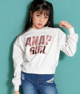 【50%OFF】箔プリントショート丈トップス【アナップガール ANAP GiRL ガール トップス キッズ女の子 ティーン 黒 白 ブラック ホワイト
