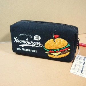 ハンバーガー柄 さがら刺しゅう BOXペンケース 02032/ブラック モコモコ刺しゅう ペン入れ
