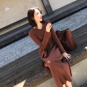 ニットワンピース レディース タイト シンプル Iライン リブニット ハイウエスト 長袖 ひざ丈 カジュアル Vネック スリット オシャレ 茶