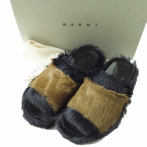 新品 MARNI マルニ 18AW イタリア製 FUR WEDGE SANDAL ウエッジソールファーサンダル 37(24cm) DK.NAVY/KHAKI シューズ