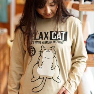 長袖 Tシャツ ロンT メンズ レディース 猫 RELAX CAT - サンドカーキ ネコ ねこ 猫柄 雑貨 - メール便 - SCOPY スコーピー