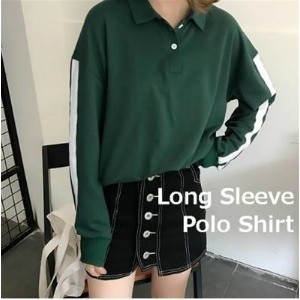 トップス チュニック 長袖 緑 グリーン L 長袖 ポロシャツ 袖ライン tシャツ レディース メンズ ライン入りtシャツ 袖 ライン 襟付き お