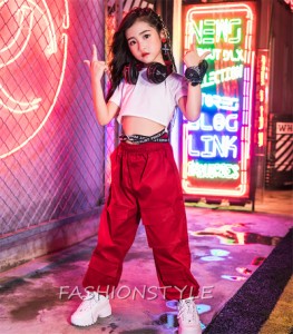 キッズ ダンス衣装 ヒップホップ キッズダンス ヒップホップ衣装 キッズ 韓国子供服 練習着 レッド HIPHOP JAZZ DS キッズ 体操服 ロング