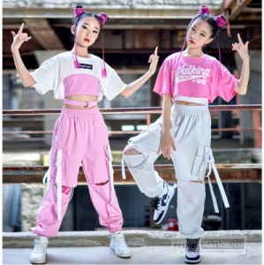 【三太郎の日】キッズダンス衣装 子供服 ジャズ風 舞台服 ヒップホップ ホワイト ピンク 半袖 タンクトップ ロングパンツ へそ出し ピン