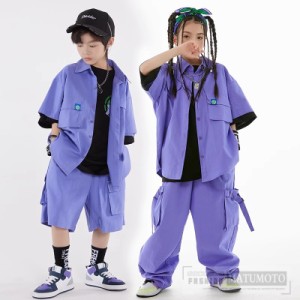 【三太郎の日】ヒップホップ 衣装 キッズダンス衣装 セットアップ 韓国 子供ダンス服 派手 ロングパンツ ショートパンツ パープル K-POP 