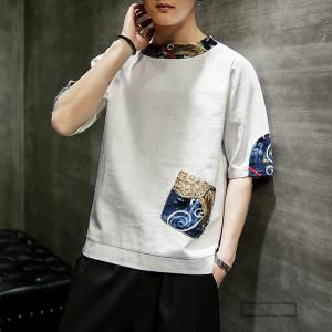 Tシャツ リネンtシャツ チャイナ服 メンズ クルーネック 七分袖 40代