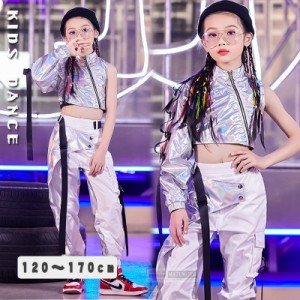 【三太郎の日】キッズダンス衣装 子供服 ヒップホップ タンクトップ 3点セット 白タンクトップ+シルトップス+シルバーパンツ  へそ出しキ