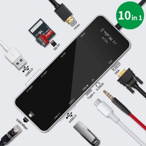 Type-c変換アダプタ「10in1」多機能変換器 TYPE-C HUB HC04（送料無料）Typec VGA USB3.0 HDMI SDカード TFカード LANケーブル 3.5mmイヤ