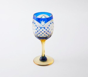 送料無料 江戸切子アンバークリスタルワイングラス（瑠璃）伝統工芸品 切子グラス（114）