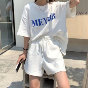 セットアップ レディース 半袖 ショートパンツ Tシャツ 春 夏 ツーピース ゆったり こなれ ルームウェア ロゴ 白 大きいサイズ かわ大 Ro