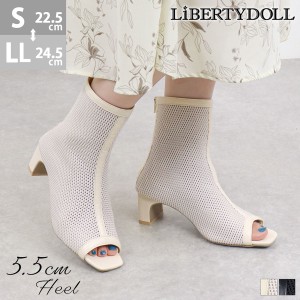 レディース メッシュ ブーツサンダル オープントゥ 太ヒール 5.5cmヒール No.9116 22.5cm〜24.5cm 黒 アイボリー LiBERTYDOLL リバティー