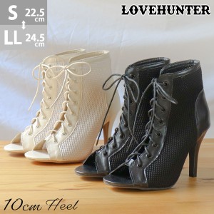 レディース ブーツサンダル 2way レースアップ メッシュ 10.0cmヒール 22.5cm-24.5cm 黒 アイボリー No.1625 LOVEHUNTER ラブハンター