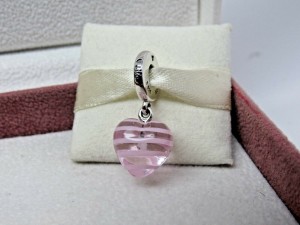 Pandora パンドラ チャーム Pink Ribbon Heart Dangle Glass Murano Charm ピンク ハート