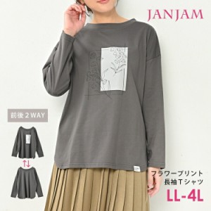 大きいサイズ レディース Tシャツ 長袖 メール便対応 グラフィックプリント 花 前後2way カットソー トップス LL/3L/4L ゆったりサイズ 